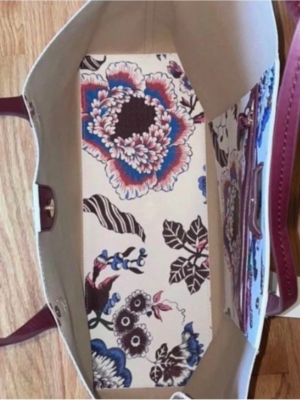 Tory Burch Floral Canvas Tote with Burgundy Handles